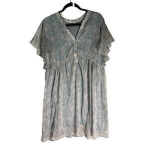 Maison 123 Paris Blue Toile Print‎ Empire Waist Flutter Sleeve Dress Size 44/42